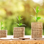 tři hromádky mincí, na kterých roste rostlina